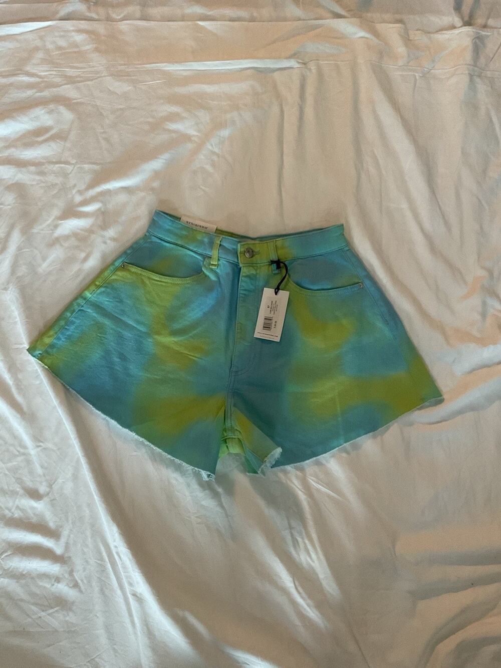 Weworewhat Flare Bell Denim Shorts NWT Tie Dye Turquoise Lime Green Size 27
